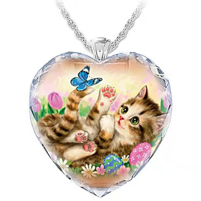 Wholesale Heart Shape Crystal Cute Tabby Mug Cat Lady Pendant MOQ≥2 JDC-NE-ZiB015