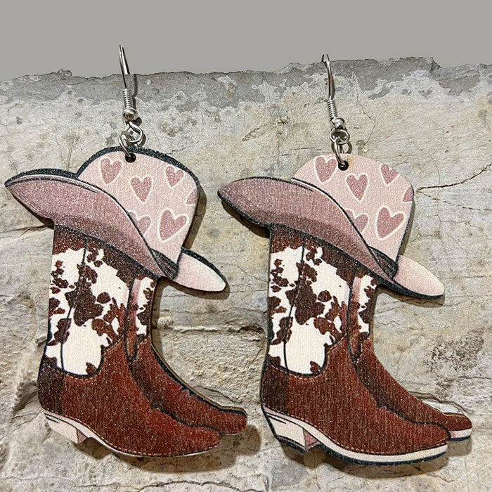 Wholesale Earrings Wooden Lips Block Color Western Cowboy Boots Leopard Print 2 Pairs JDC-ES-HeYi089