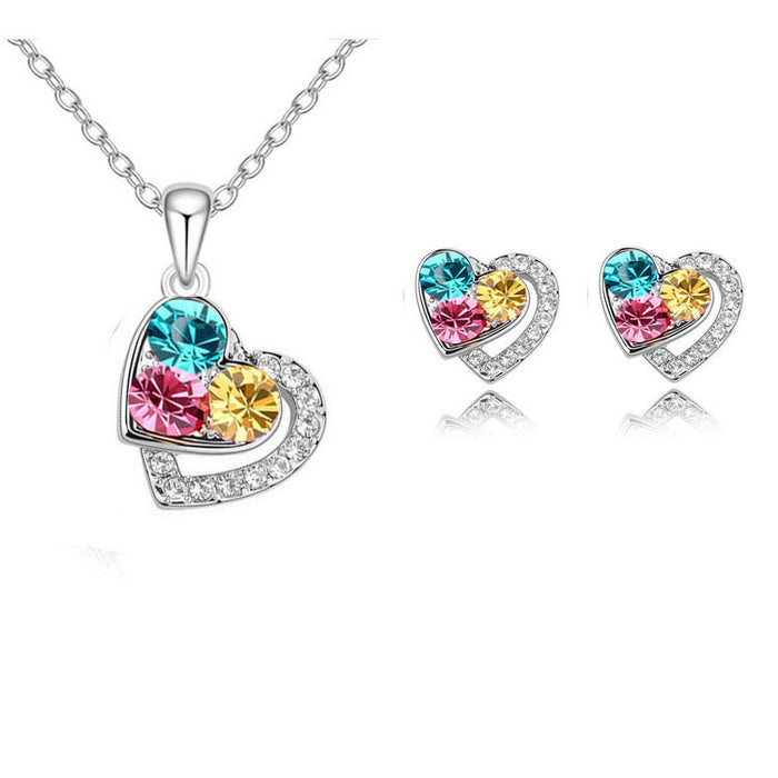Wholesale Color Full Diamond Heart Earrings Necklace Set JDC-NE-JYS043
