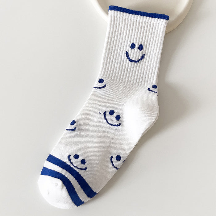 Wholesale Sock Cotton Sweat Absorbing Socks Blue and White Smiley MOQ≥2 JDC-SK-CYu019