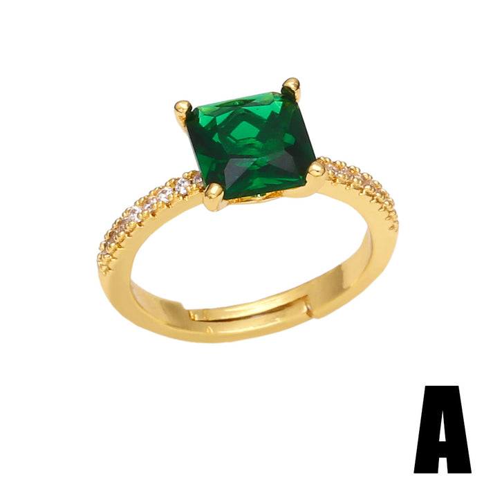 Wholesale Ring Copper Plated 18K Gold Zircon Emerald Square Adjustable JDC-PREMAS-RS-012