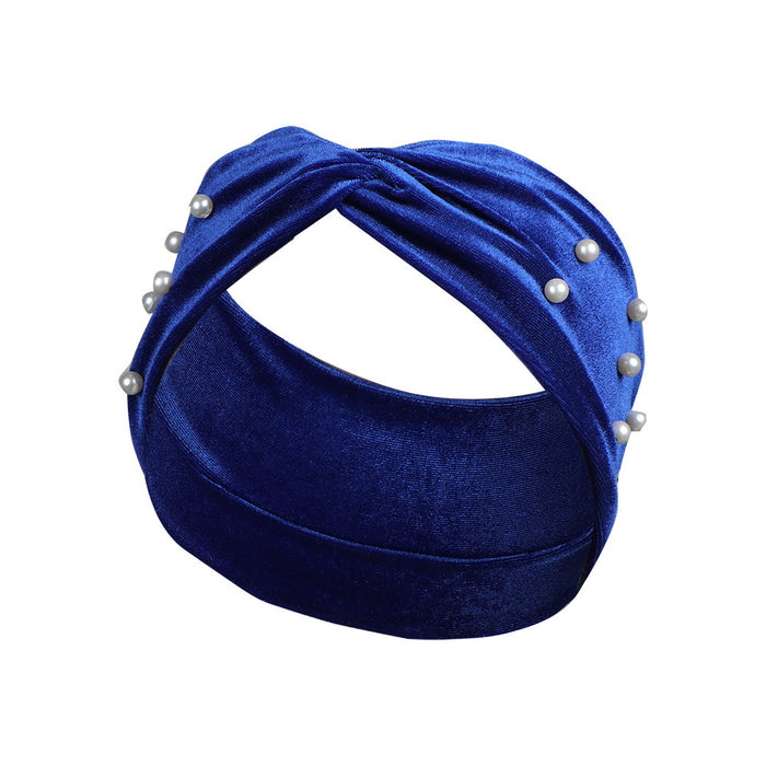 Wholesale Headband Gold Velvet Pearl Knotted Cross MOQ≥2 JDC-HD-FanM005
