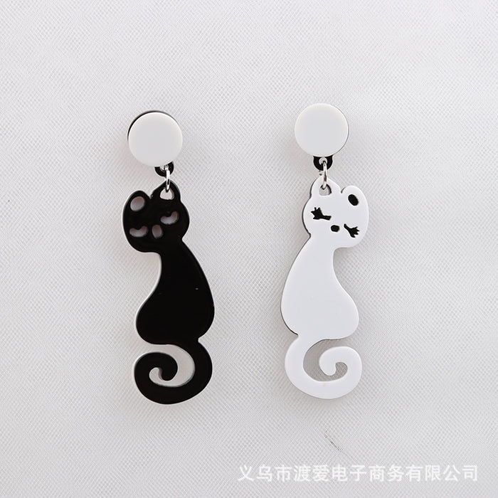Wholesale cat acrylic earrings black and white asymmetric earrings animal MOQ≥2 JDC-ES-DUAI028