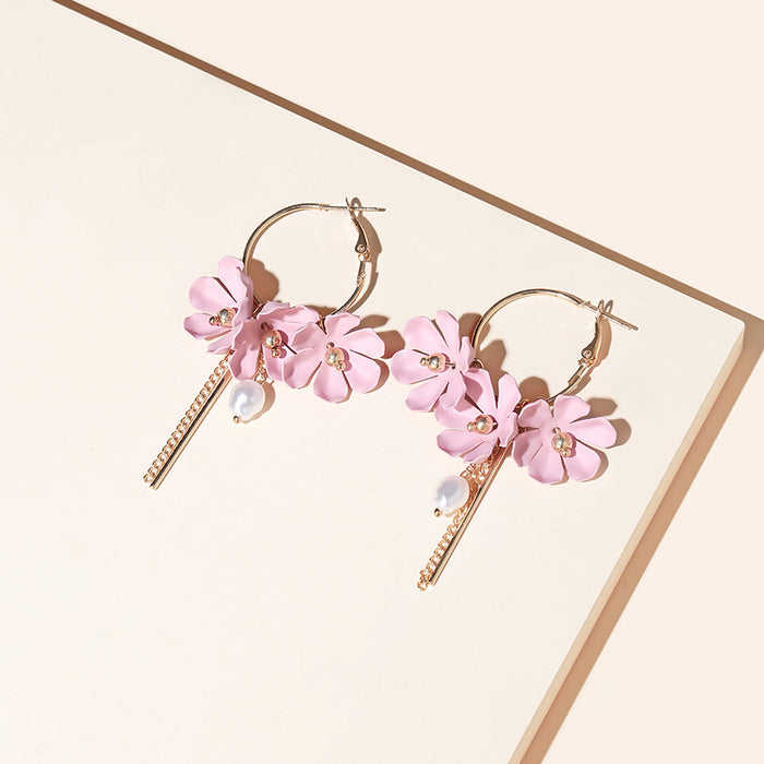 Wholesale Earrings Alloy Pink Flowers Tassel Pearls MQO≥2 JDC-ES-lingg023