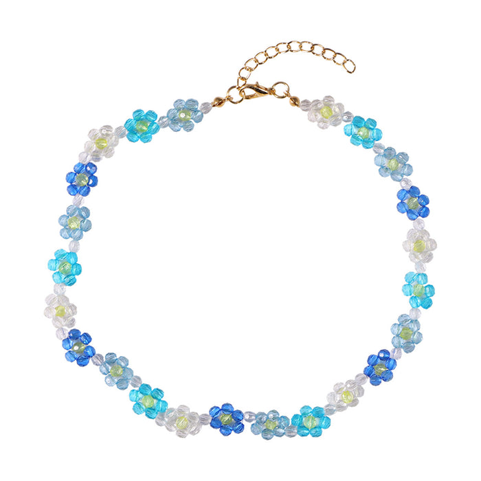 Wholesale Sweet Flower Necklace Bracelet Hand Beaded Flower Blue Set JDC-BT-SYu004