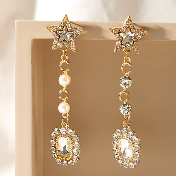 Wholesale earrings alloy star moon long pearl crystal MOQ≥2 JDC-ES-KaiQ052