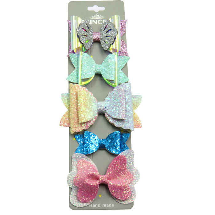 Wholesale pink girl sequin bow hair clip with cardboard 5 pcs JDC-HC-Junm002