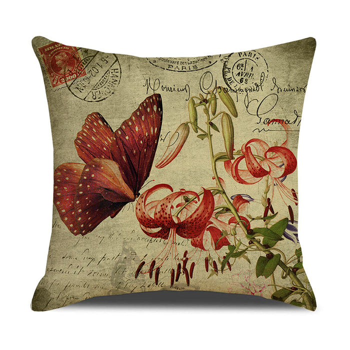 Funda de almohada de lino con estampado floral de mariposa vintage al por mayor MOQ≥2 JDC-PW-XIANGREN015