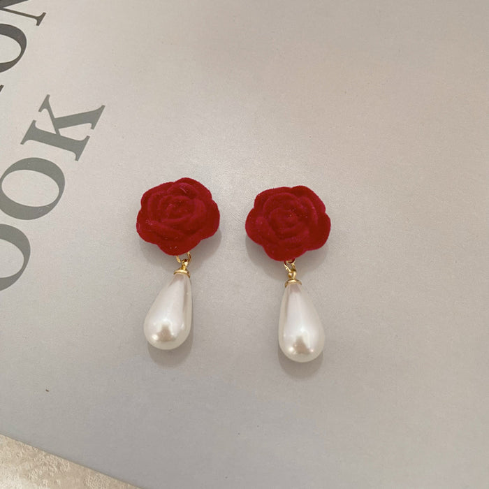 Wholesale Earrings Pearl Vintage Wine Red Flocking Rose Flowers JDC-ES-ABL008