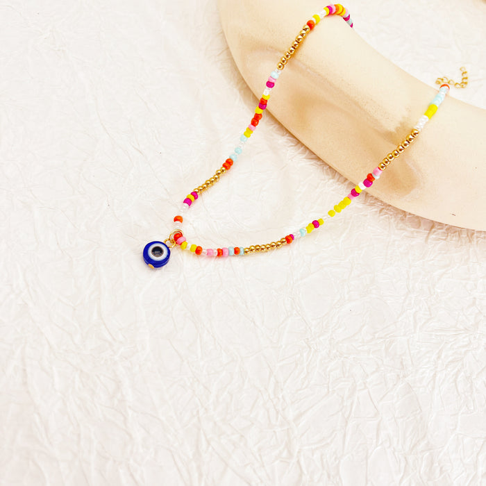 Wholesale Necklace Color Rice Bead Devil Eye Pendant Clavicle Chain MOQ≥2 JDC-NE-QingH005