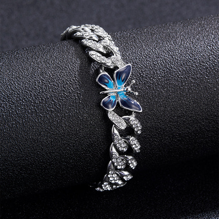 Wholesale Necklace Alloy Rhinestone Enamel Butterfly Cuban Chain Bracelet Anklet Set MOQ≥2 JDC-NE-XuanD005