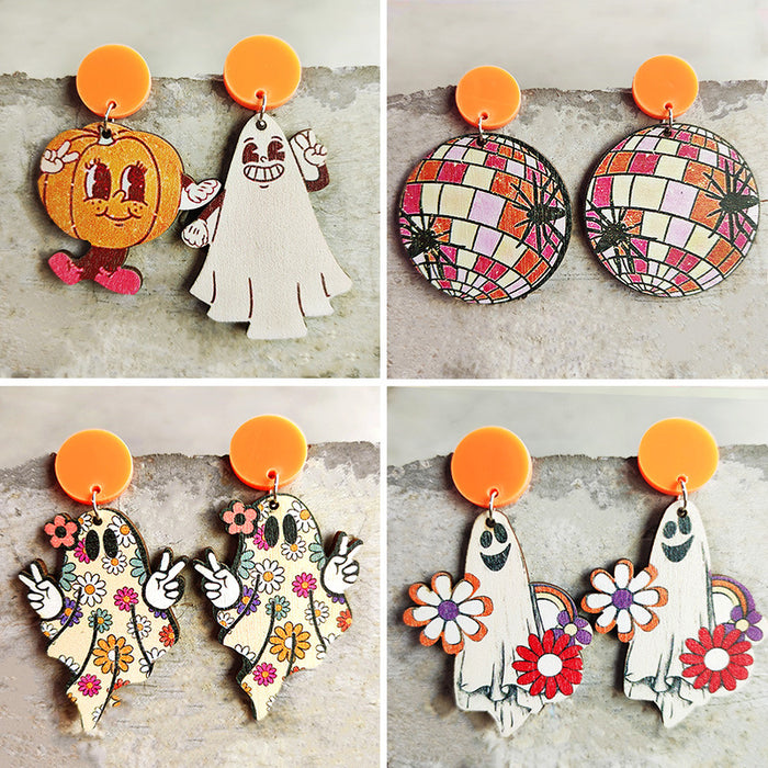 Wholesale Earrings Wooden Halloween Pumpkin Ghost Spider Colorful Flowers 2pcs JDC-ES-Heyi020