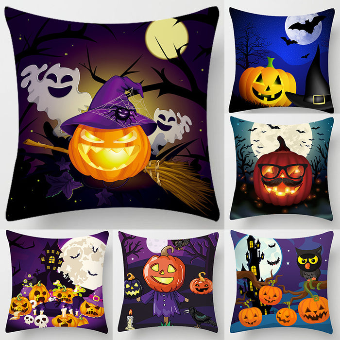 Wholesale Halloween Cartoon Illustration Pumpkin Castle Print Peach Skin Pillow Case MOQ≥2 JDC-PW-Xiangren005