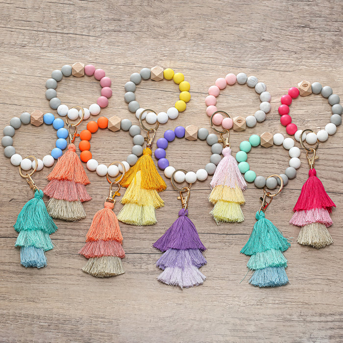 Wholesale Keychains Alloy Silicon Beads Wood Gradient Tassel MOQ≥2 JDC-KC-XiaYang001
