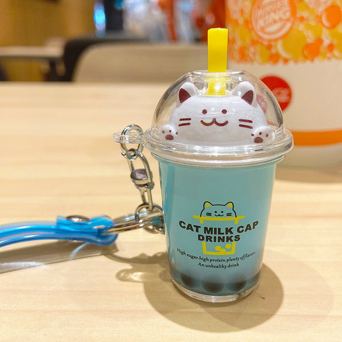 Wholesale Keychain Acrylic Quicksand Liquid Floating Cat Milk Tea Cup MOQ≥2 JDC-KC-YDao032