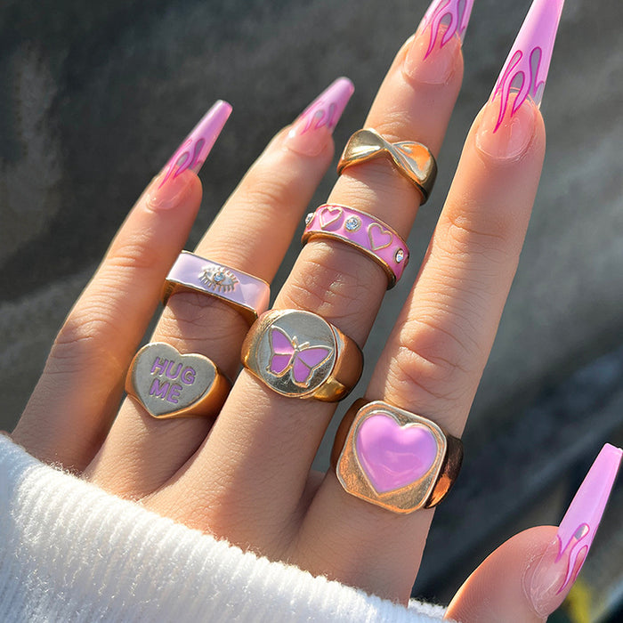 Wholesale Rings Alloy Exaggerated Heart Pink Butterfly Letters 6pcs Ring Set JDC-RS-Zhulong005