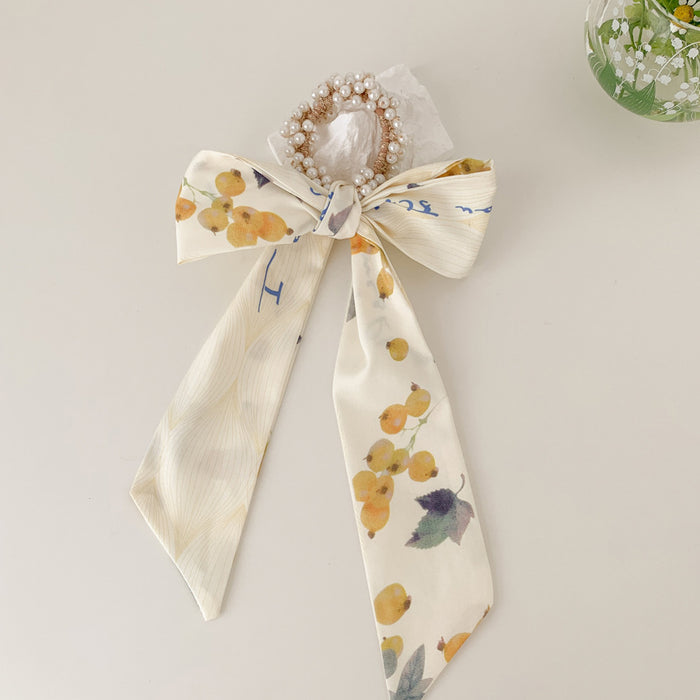Wholesale Pearl Bow Ribbon Fabric Hair Scrunchies MOQ≥2 JDC-HS-JiaYan001