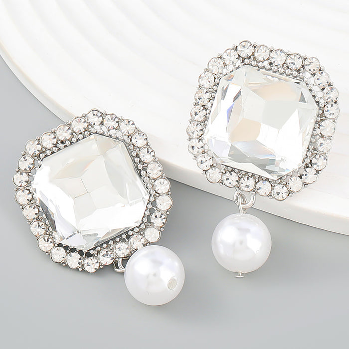 Wholesale Square Pearl Earrings Alloy Rhinestone Glass Diamond Imitation Pearl JDC-ES-JL1085