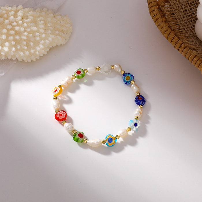 Pulsera de flores de perlas de agua dulce de color al por mayor lindas hechas a mano JDC-BT-SHIP004