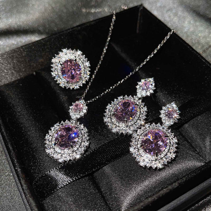 Wholesale Luxury Colored Jewelry Set Inlaid Sea Blue Topaz Ring Citrine Stud Earrings Pink Diamond Necklace JDC-NE-ZhenR001