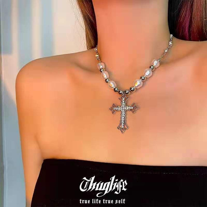 Wholesale Pearl Full Diamond Cross Necklace JDC-NE-NQ003