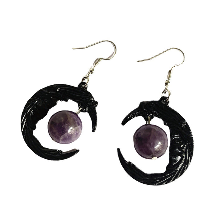 Wholesale Earrings Metal Face Black Crescent Purple Gemstone MOQ≥2 JDC-ES-TingYue010