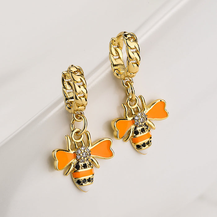 Wholesale Earrings Copper Real Gold Plated Micro Set Zircon Drop Oil Bee JDC-ES-PREMAG006