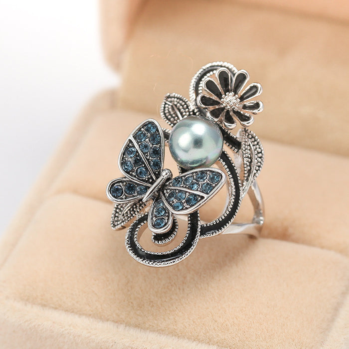 Wholesale Rings Alloy Dark Blue Pearl Butterfly Diamond JDC-RS-WN148