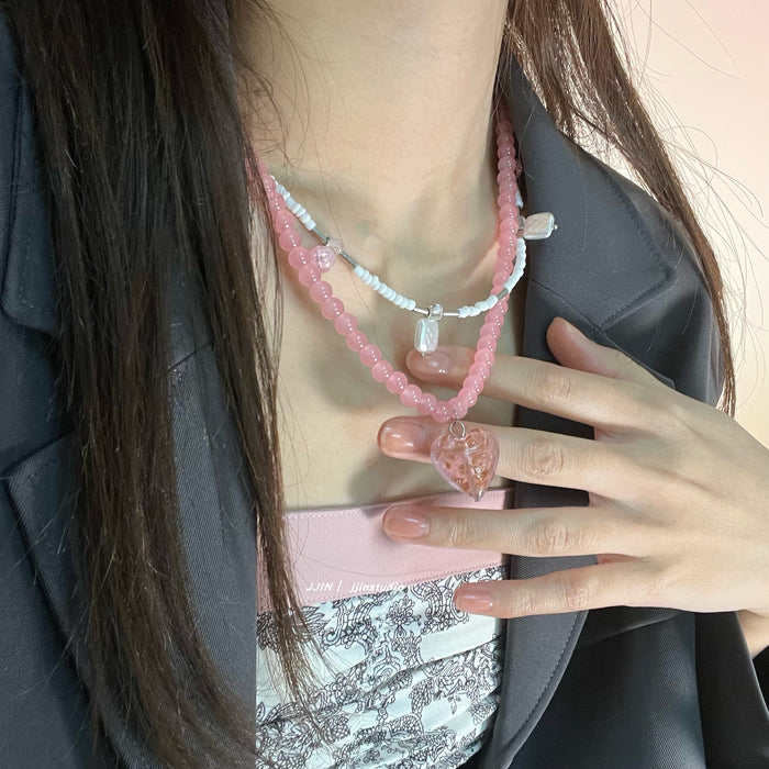 Wholesale Necklace Beads Peach Pink Glass Beaded Heart Pendant Necklace MOQ≥2 JDC-NE-CaiX004