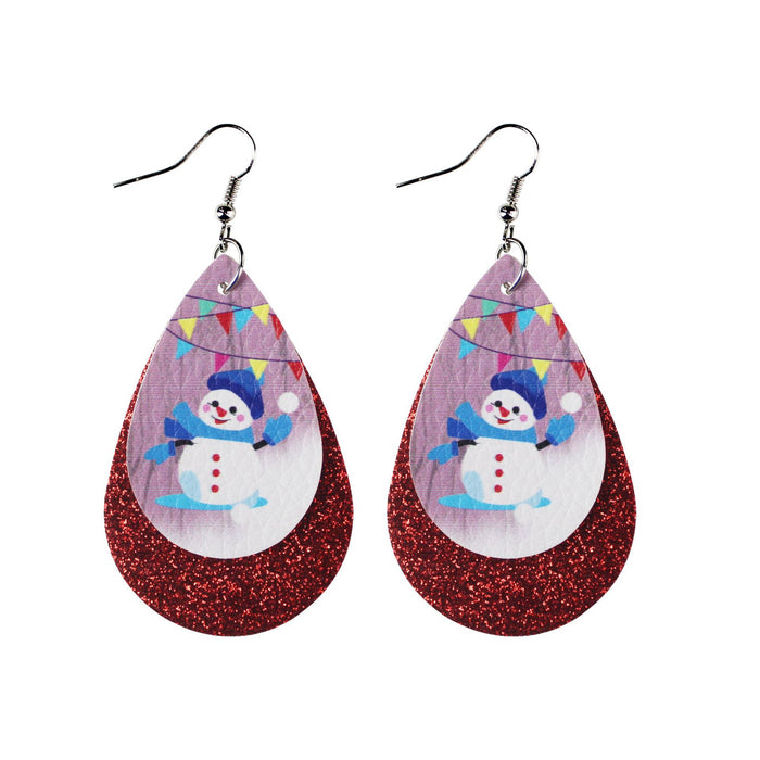 Wholesale Earrings PU Christmas Double Layer Snowman Gift MOQ≥2 JDC-ES-Tianpi008