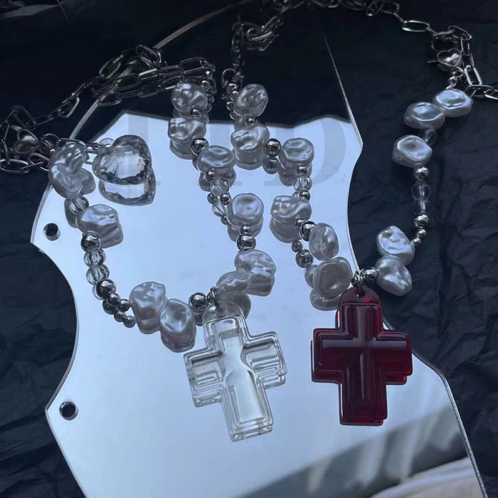 Wholesale Necklace Beaded Cross Heart Transparent Beaded Necklace JDC-NE-DLF007