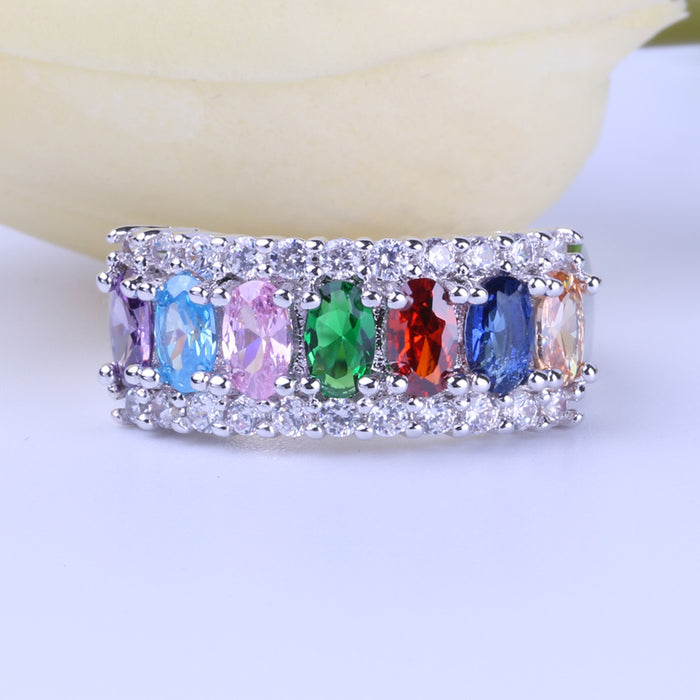 Wholesale Colored Diamond Silver Plated Zircon Copper Ring MOQ≥2 JDC-RS-YaY001