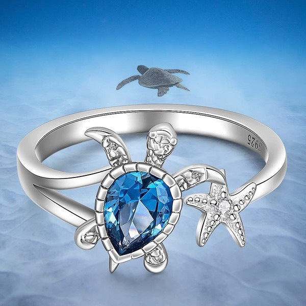 Wholesale Cute Blue Turtle Starfish Ladies Open Zircon Ring MOQ≥2 JDC-RS-QianZ008