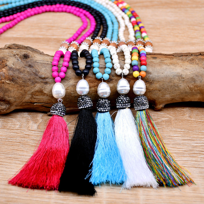 Wholesale Necklace Pearl Turquoise Ethnic Color Tassel Sweater Chain JDC-NE-YouF022