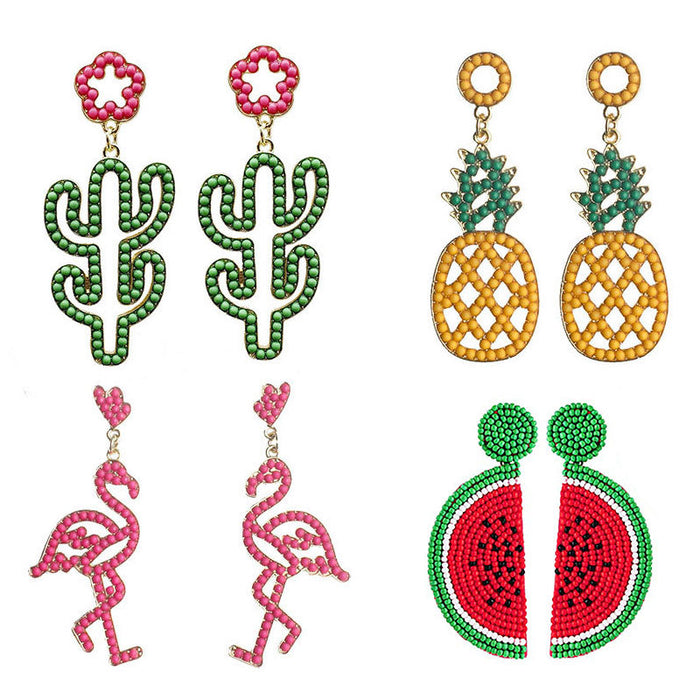 Wholesale Earrings Alloy Pineapple Flamingo Cactus Rice Beads MOQ≥6pairs JDC-ES-SuoC001