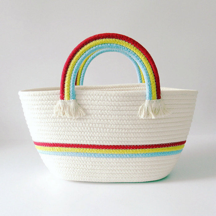 Wholesale rainbow handle woven bag cotton rope woven bag casual handbag JDC-HB-DeR001