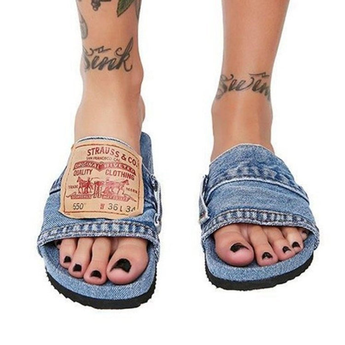 Wholesale Large Size Solid Color Casual Denim Fish Mouth Flat Heel Low Top Slippers JDC-SD-LiuZ001