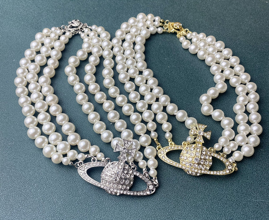 Wholesale Necklaces Alloy Imitation Pearl Three Layers Saturn (F) MOQ≥2 JDC-NE-JieX001