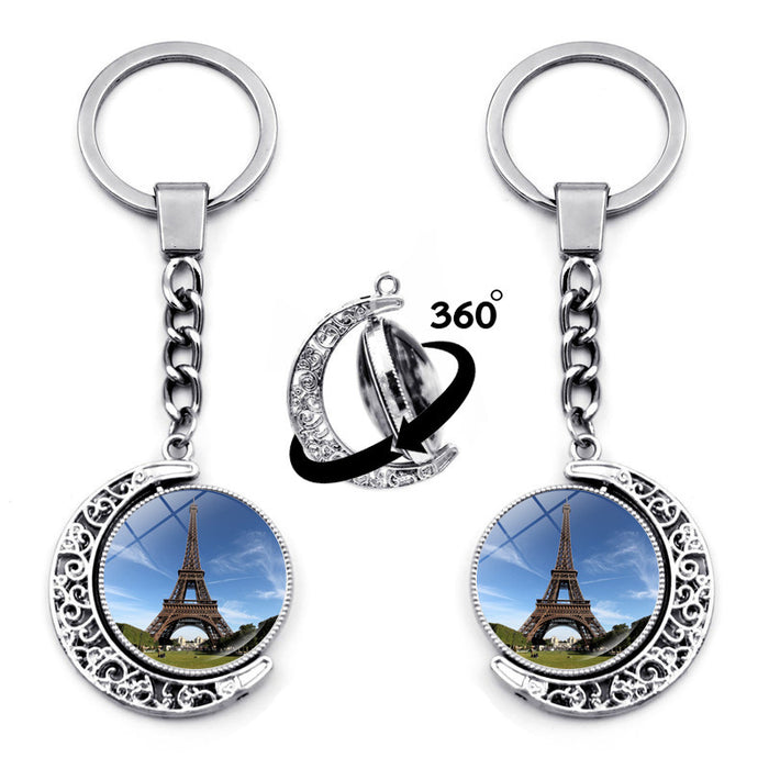 Tiempo de aleación de llavero al por mayor Torre Eiffel Tower Ornamento de colgante giratorio de doble cara JDC-KC-JIAY012
