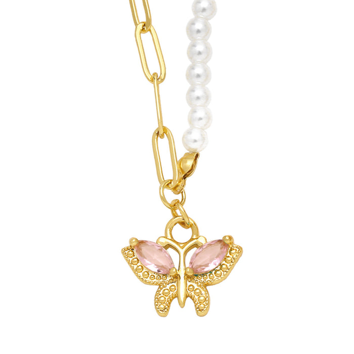 Collar al por mayor Copper Butterfly Gemstone Cadena de clavícula de perla JDC-Ne-Premas004