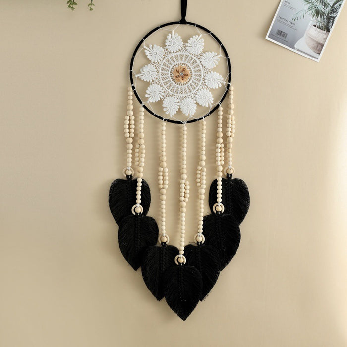Wholesale Dream Catcher Cotton Thread Black Leaves Woven Pattern Ring Pattern Wooden Bead String JDC-DC-ZH024