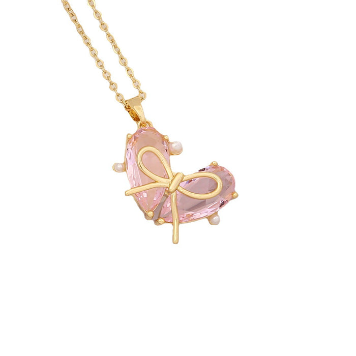 Collares al por mayor Copper Zircon Acero inoxidable Corazón de mariposa rosa JDC-Ne-BingM024