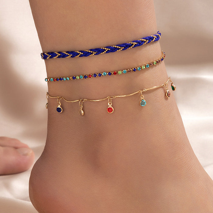 Wholesale Colored Diamond Three Layer Anklet Blue Braided Rope JDC-AS-C138