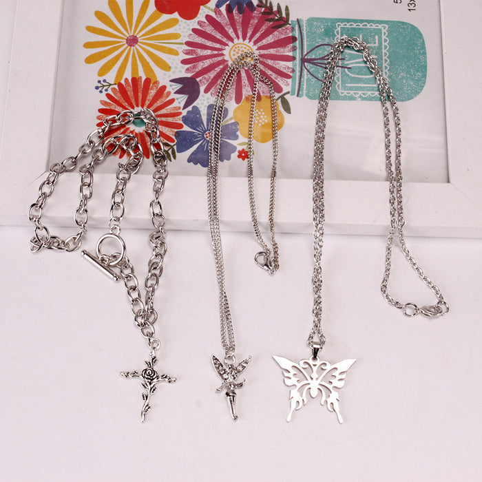 Wholesale Necklace Alloy Multilayer Rose Butterfly Earrings Jewelry Set MOQ≥2 JDC-NE-LEIL004