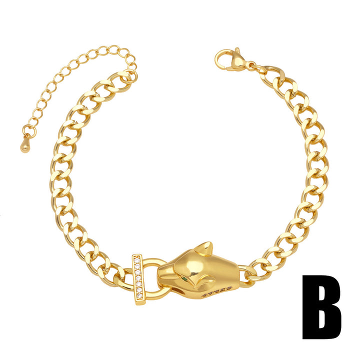 Wholesale Bracelet Copper Plated 18K Gold Zircon Leopard Head Cuban Chain JDC-PREMAS-BT-006