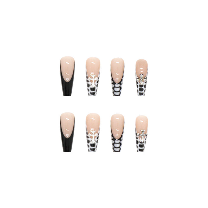 Wholesale wearing nails finished black mysterious cross pattern three-dimensional fake nails JDC-NS-QiH005