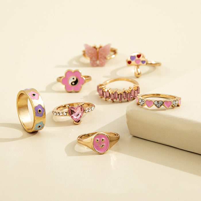 Wholesale Rings alloy diamond peach blossom 8pcs JDC-RS-Zhulong004