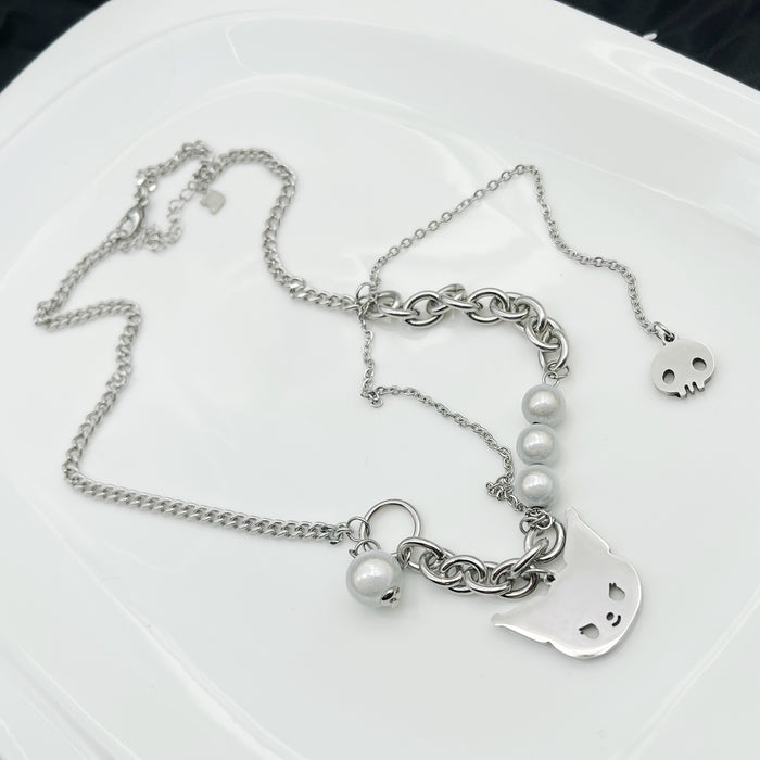 Wholesale Necklace Titanium Steel Cute Cartoon Pearl Reflective Clavicle Chain (S) JDC-NE-YiL011