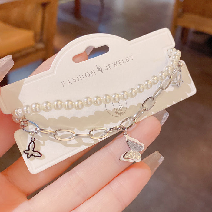 Wholesale Bracelet Titanium Butterfly Chain Pearl Double Layer JDC-BT-QiaoH006