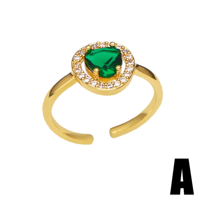Wholesale Ring Copper Plated 18K Gold Zircon Heart Emerald Adjustable JDC-PREMAS-RS-025
